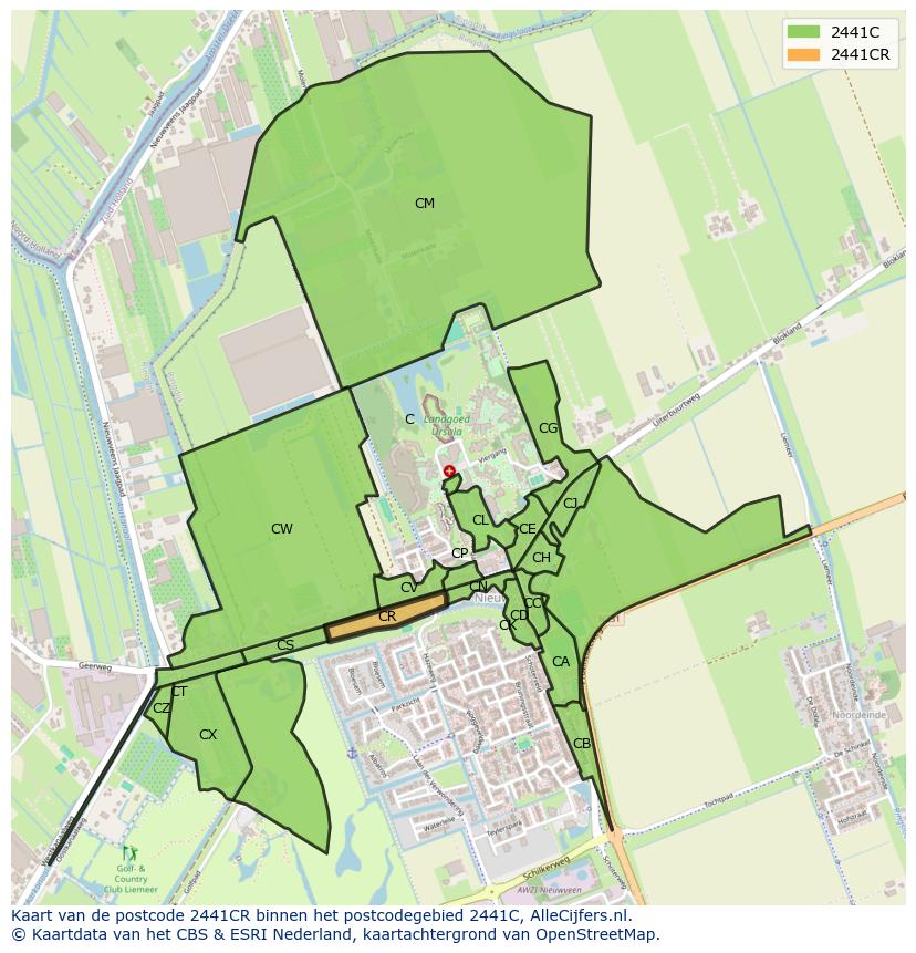 Afbeelding van het postcodegebied 2441 CR op de kaart.