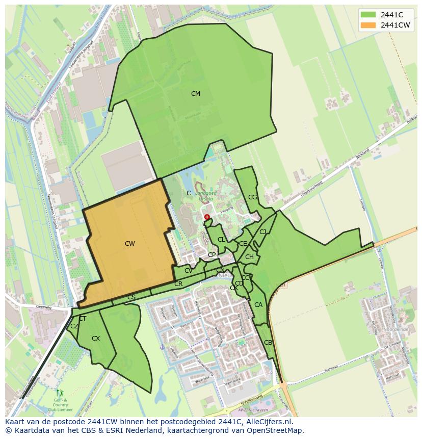 Afbeelding van het postcodegebied 2441 CW op de kaart.