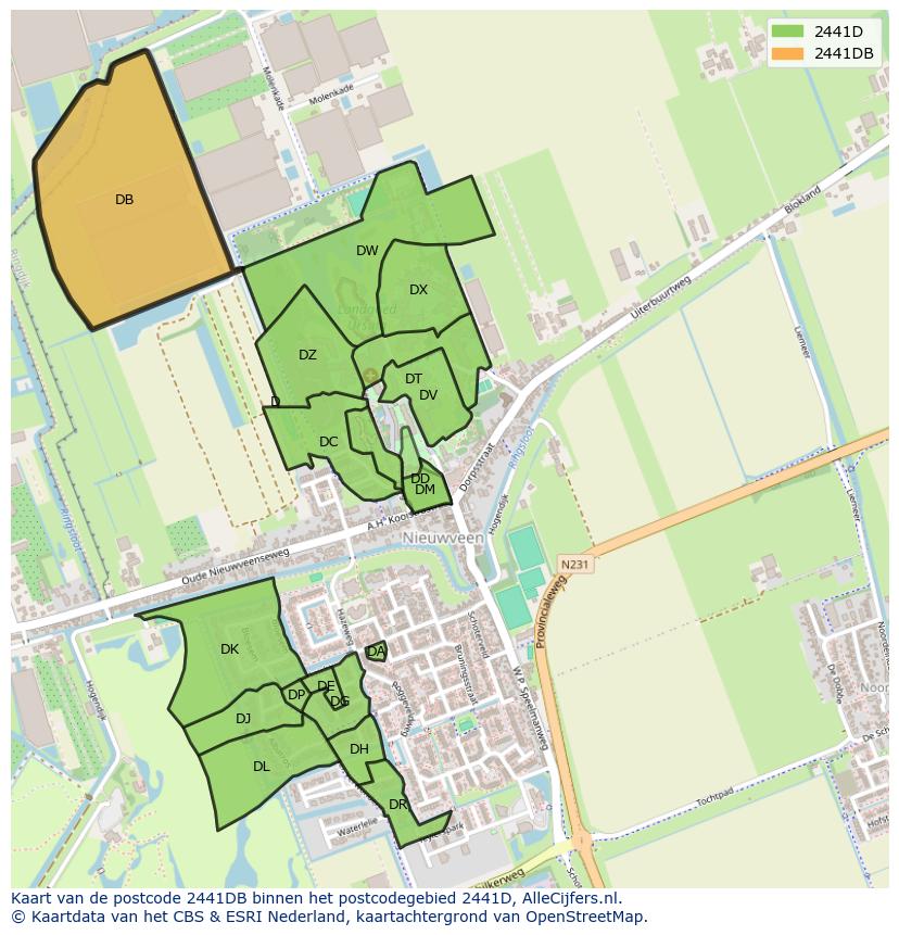 Afbeelding van het postcodegebied 2441 DB op de kaart.