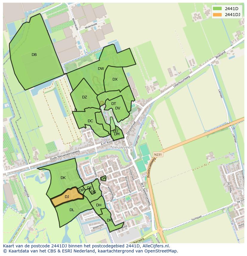 Afbeelding van het postcodegebied 2441 DJ op de kaart.