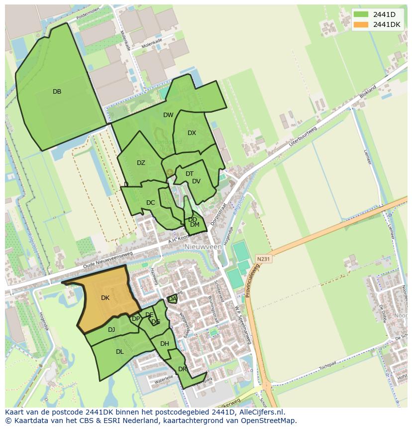 Afbeelding van het postcodegebied 2441 DK op de kaart.