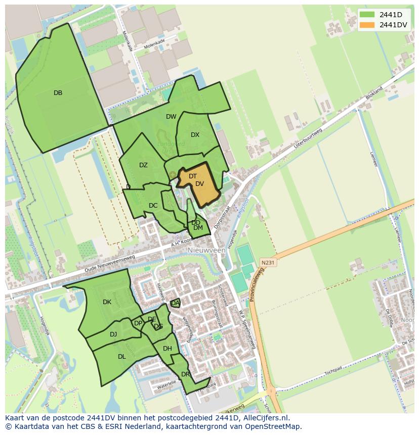 Afbeelding van het postcodegebied 2441 DV op de kaart.