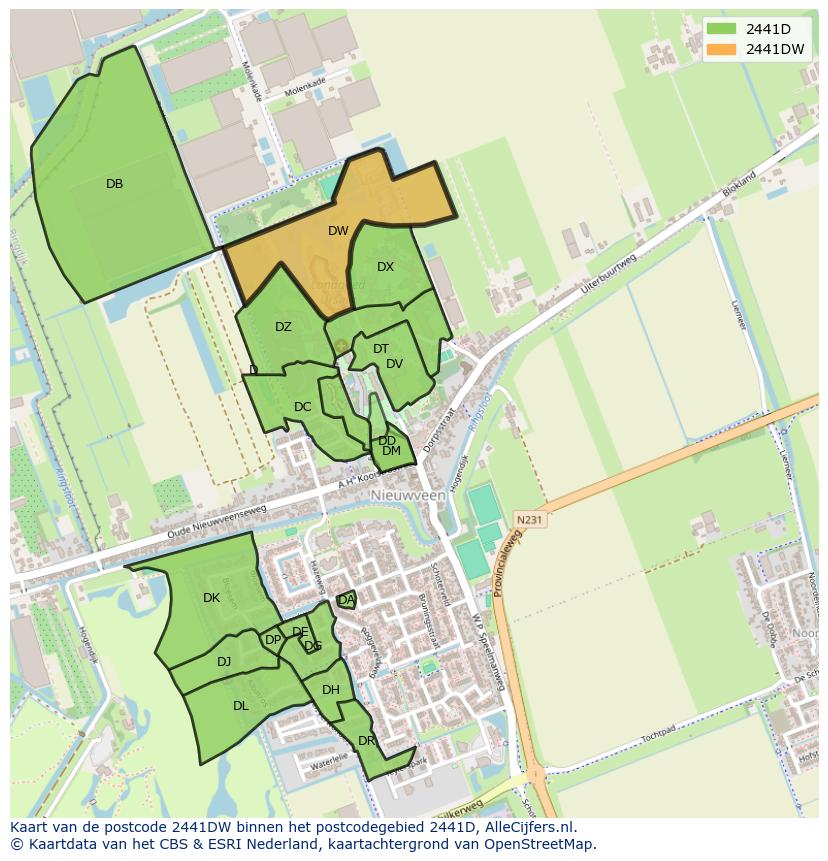 Afbeelding van het postcodegebied 2441 DW op de kaart.