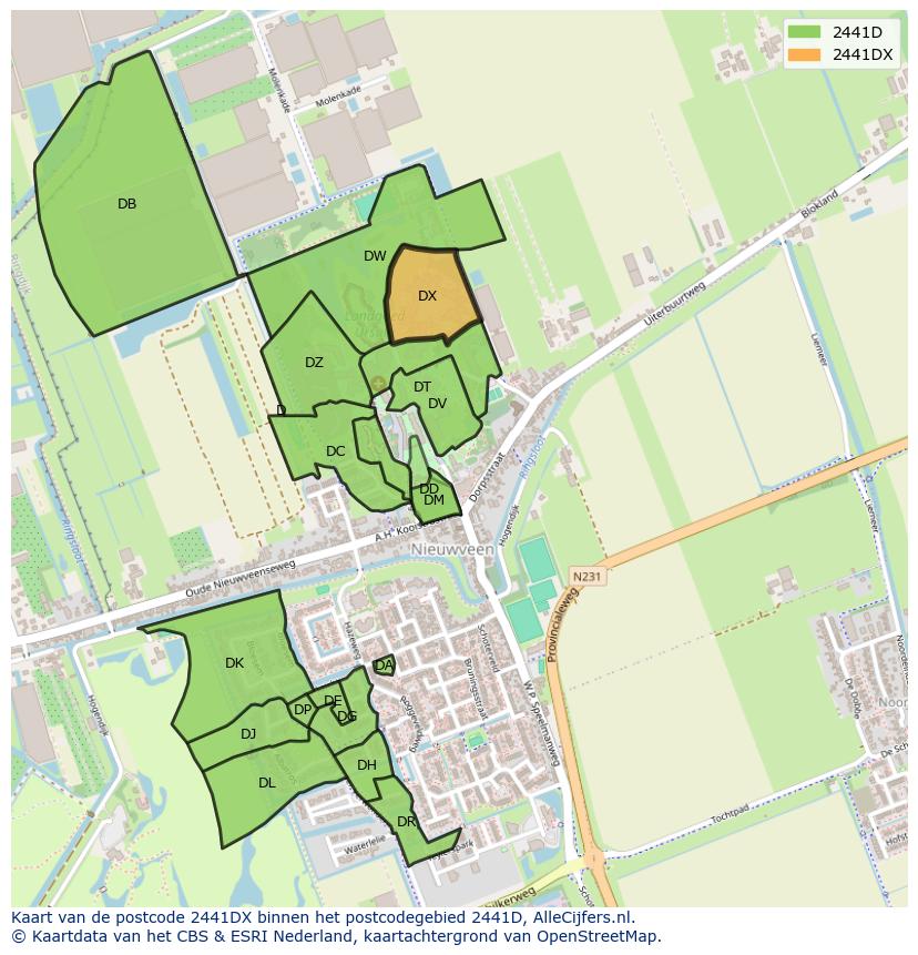 Afbeelding van het postcodegebied 2441 DX op de kaart.