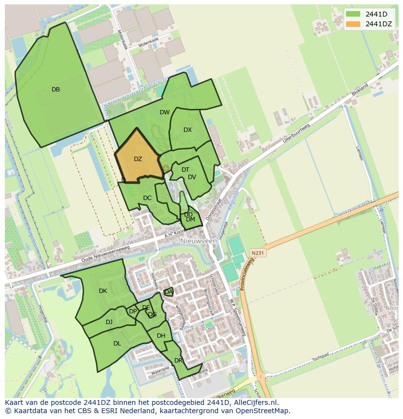 Afbeelding van het postcodegebied 2441 DZ op de kaart.