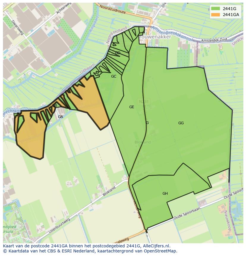Afbeelding van het postcodegebied 2441 GA op de kaart.