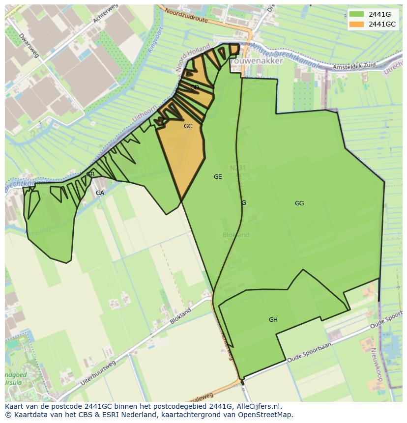 Afbeelding van het postcodegebied 2441 GC op de kaart.