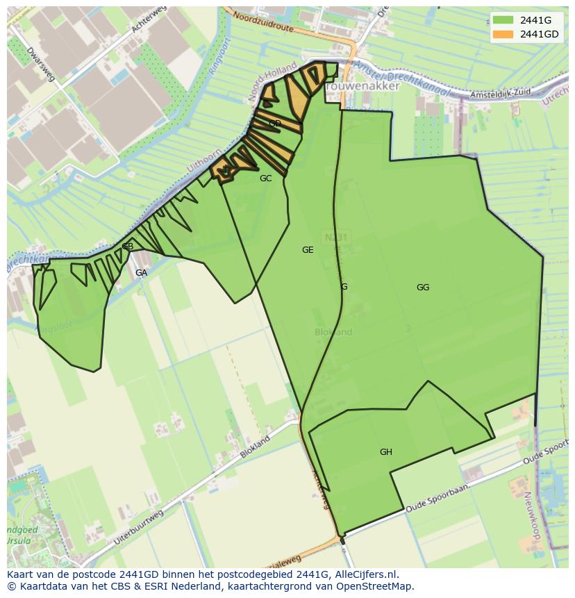 Afbeelding van het postcodegebied 2441 GD op de kaart.