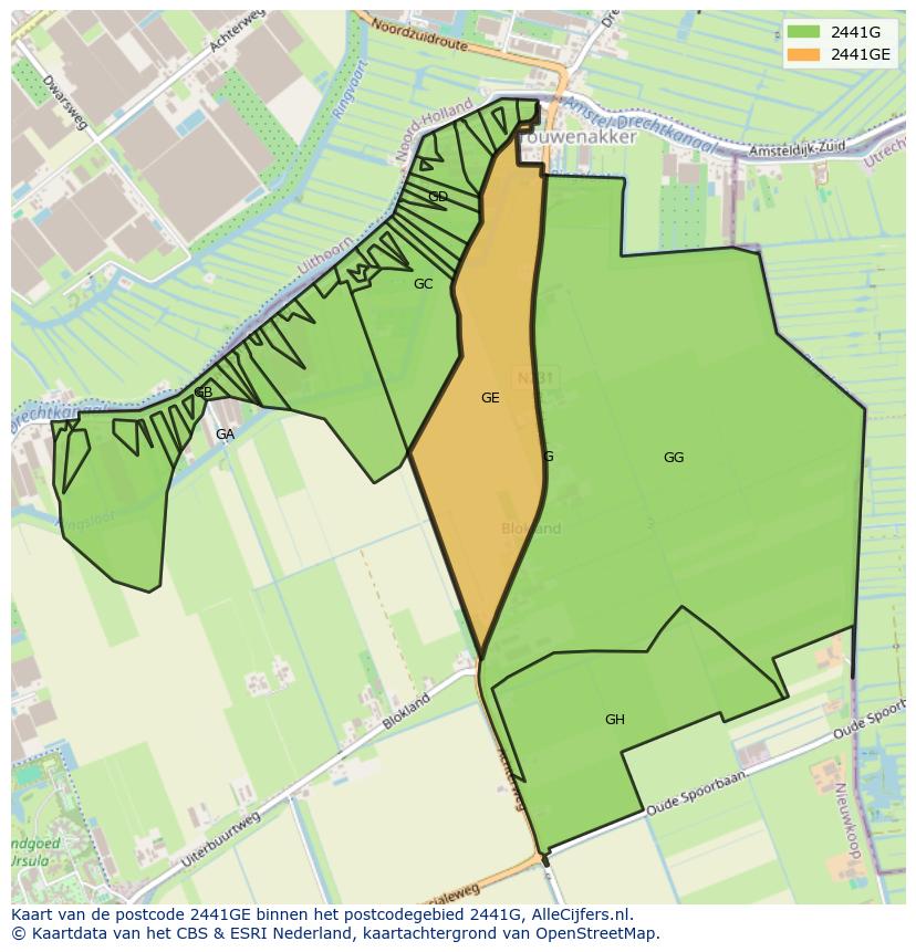 Afbeelding van het postcodegebied 2441 GE op de kaart.