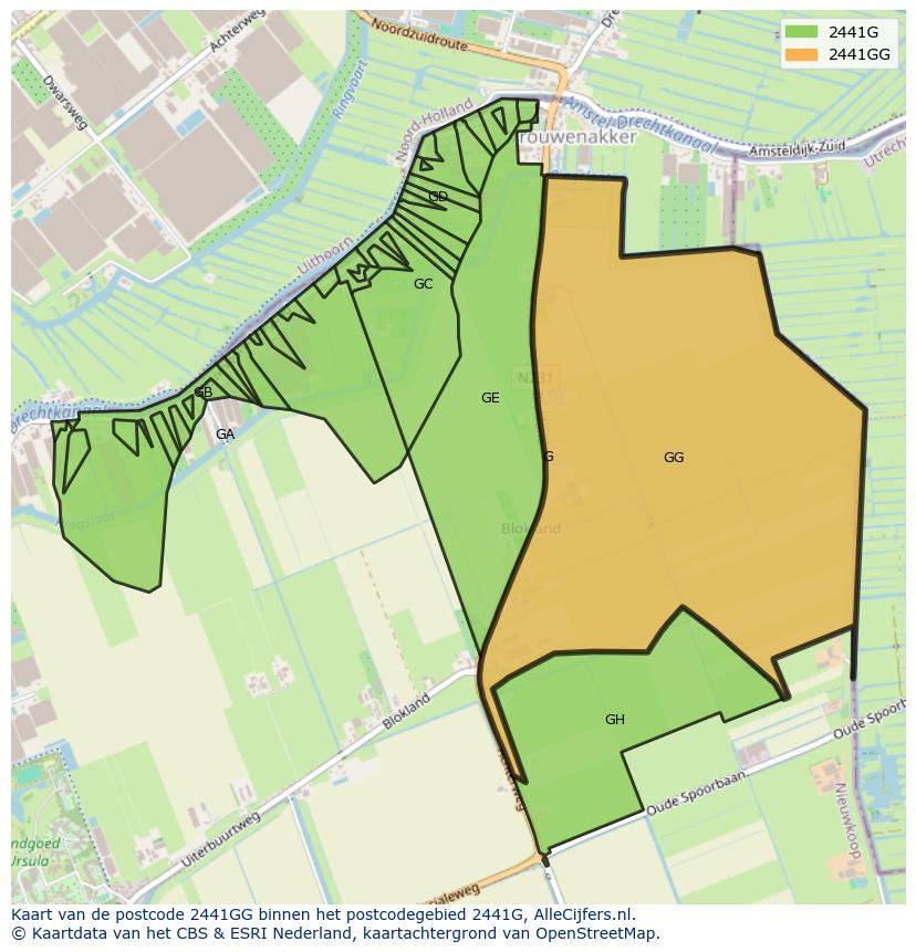 Afbeelding van het postcodegebied 2441 GG op de kaart.