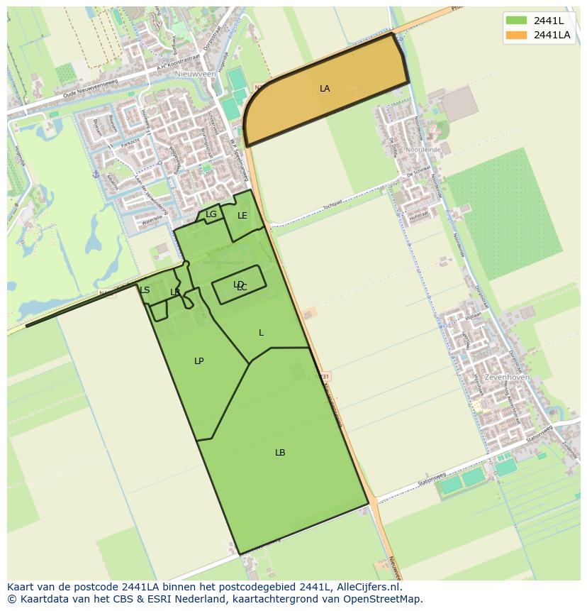 Afbeelding van het postcodegebied 2441 LA op de kaart.