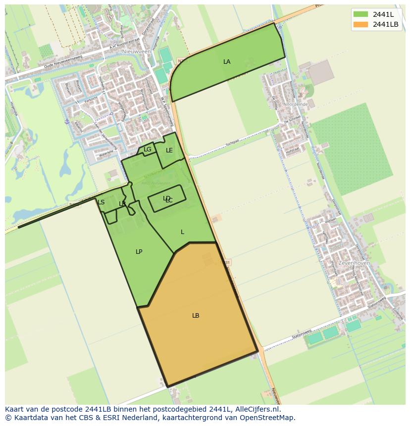 Afbeelding van het postcodegebied 2441 LB op de kaart.
