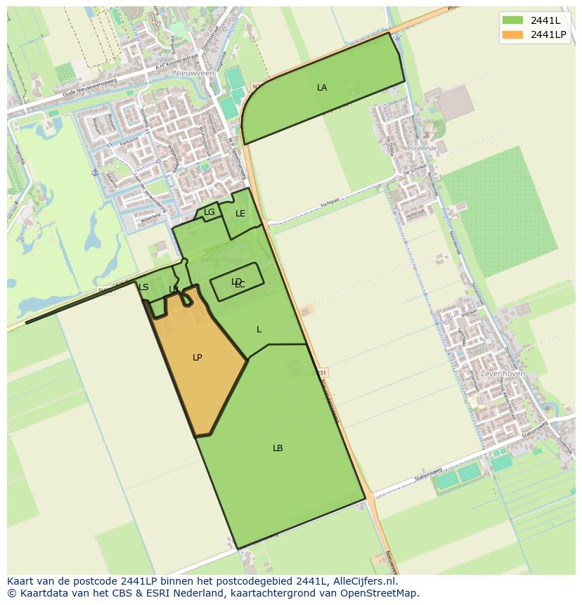 Afbeelding van het postcodegebied 2441 LP op de kaart.