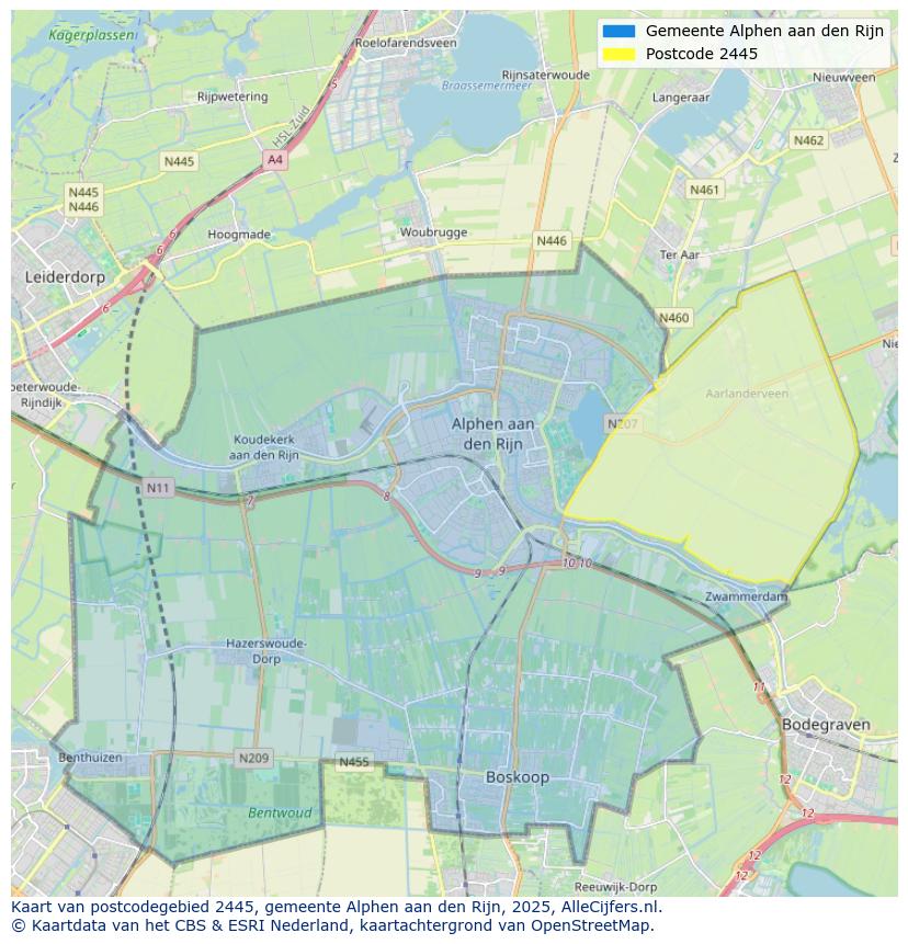 Afbeelding van het postcodegebied 2445 op de kaart.