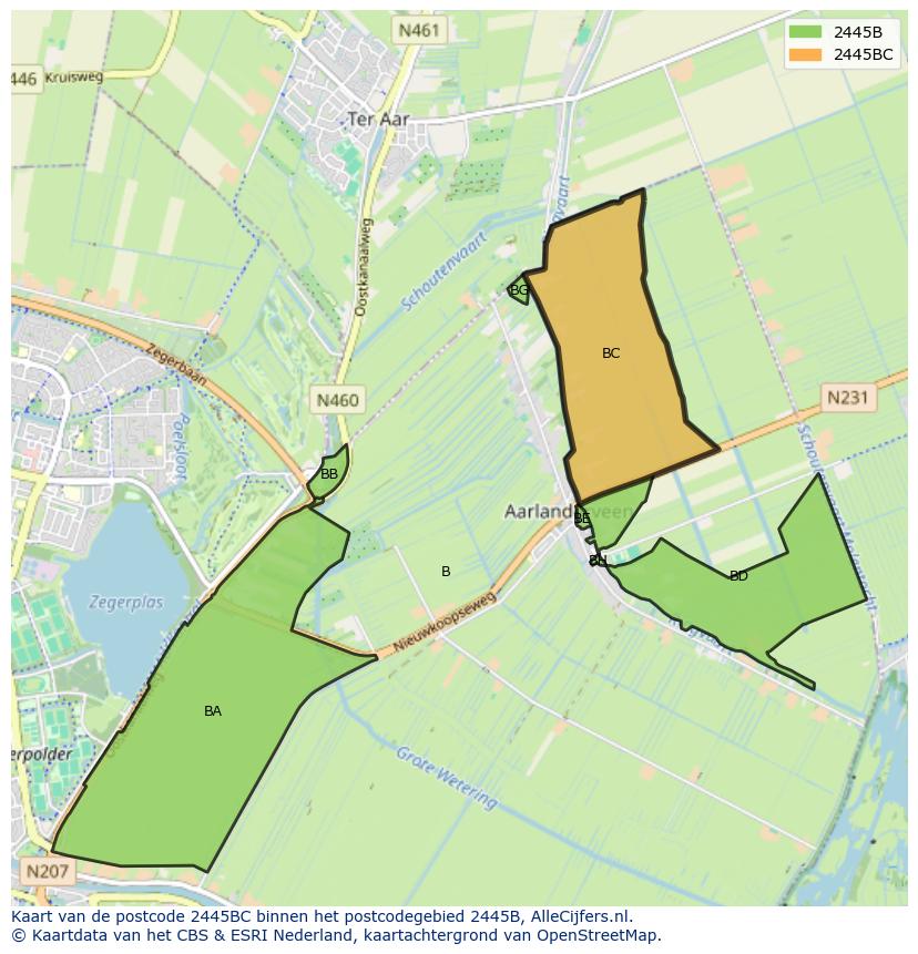 Afbeelding van het postcodegebied 2445 BC op de kaart.