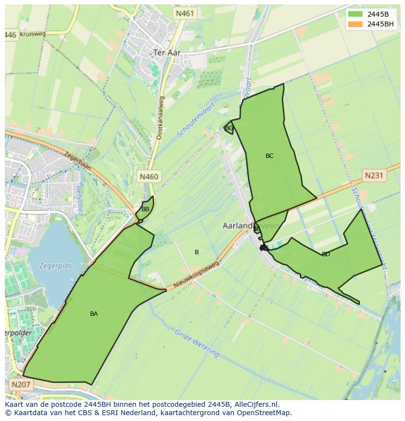 Afbeelding van het postcodegebied 2445 BH op de kaart.