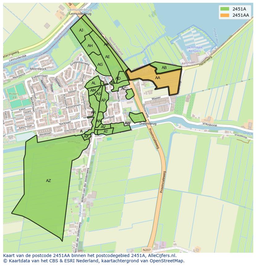 Afbeelding van het postcodegebied 2451 AA op de kaart.