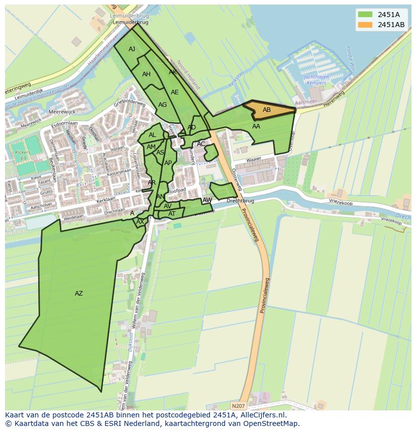 Afbeelding van het postcodegebied 2451 AB op de kaart.