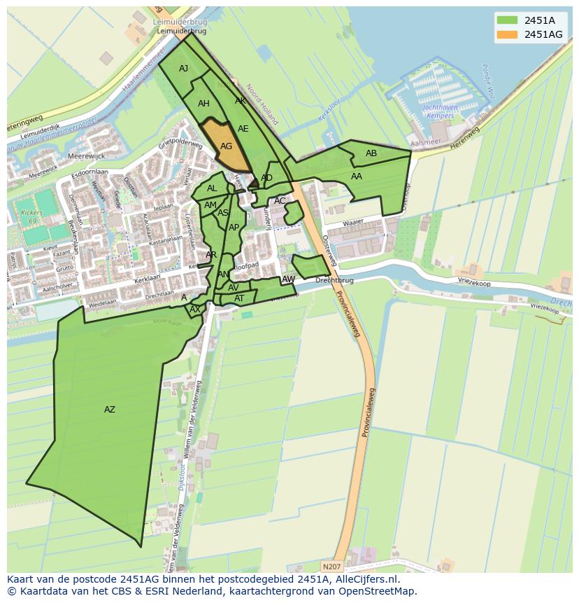 Afbeelding van het postcodegebied 2451 AG op de kaart.