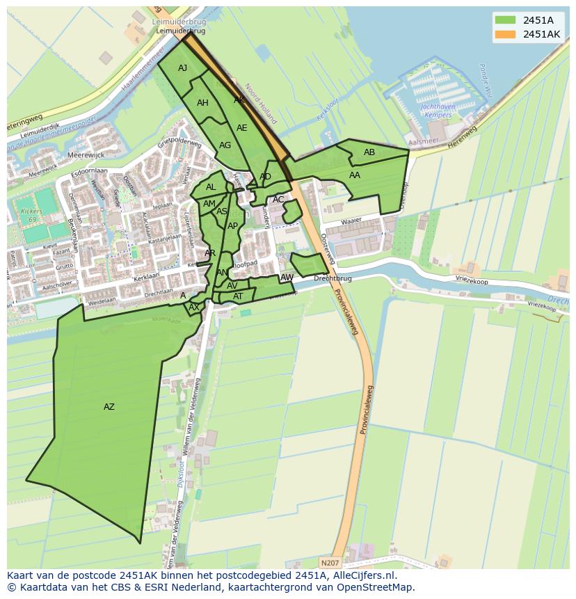 Afbeelding van het postcodegebied 2451 AK op de kaart.