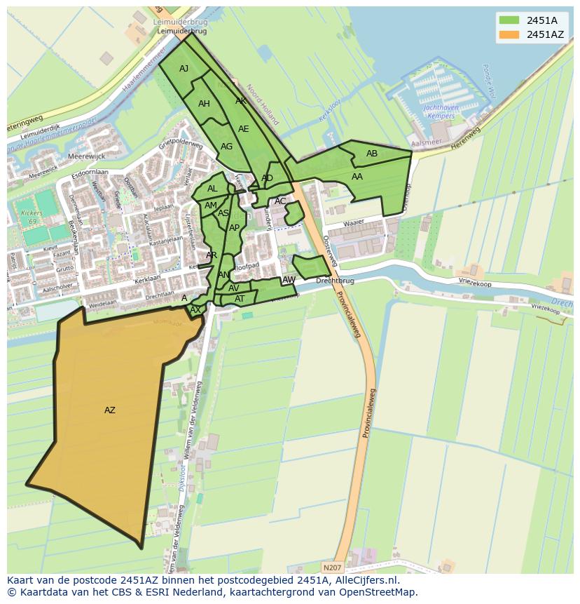 Afbeelding van het postcodegebied 2451 AZ op de kaart.