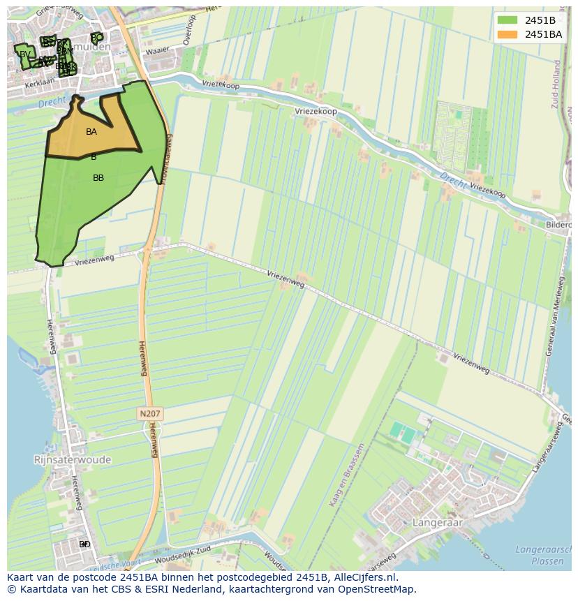 Afbeelding van het postcodegebied 2451 BA op de kaart.