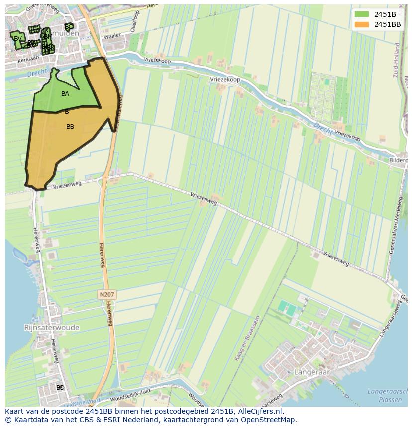Afbeelding van het postcodegebied 2451 BB op de kaart.