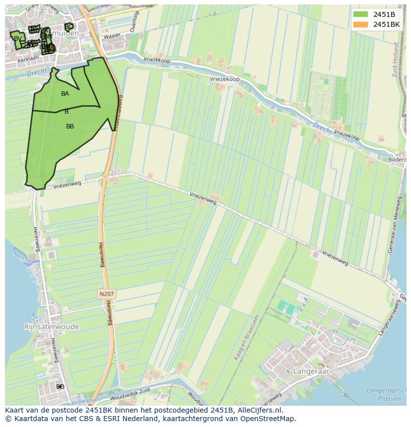 Afbeelding van het postcodegebied 2451 BK op de kaart.