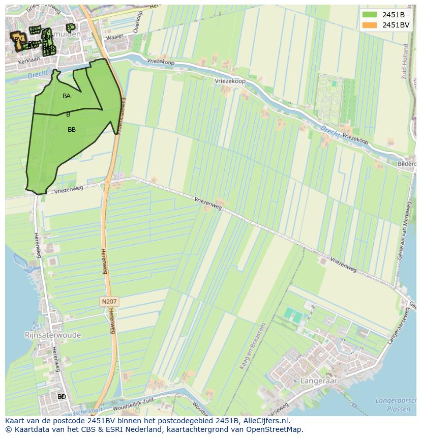 Afbeelding van het postcodegebied 2451 BV op de kaart.