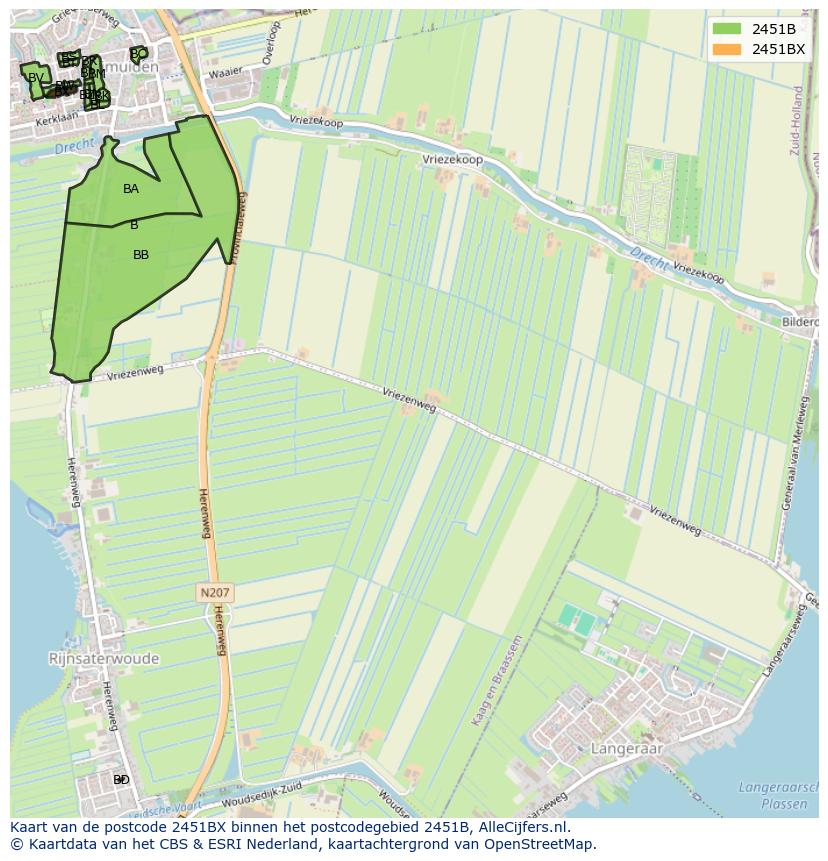 Afbeelding van het postcodegebied 2451 BX op de kaart.