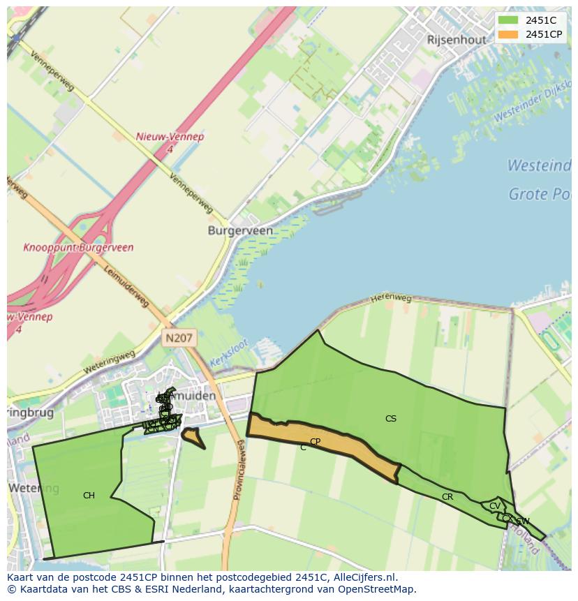 Afbeelding van het postcodegebied 2451 CP op de kaart.