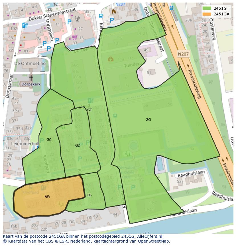 Afbeelding van het postcodegebied 2451 GA op de kaart.