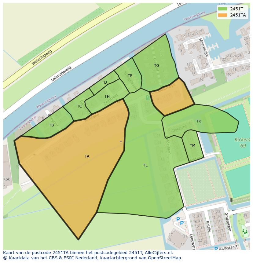 Afbeelding van het postcodegebied 2451 TA op de kaart.