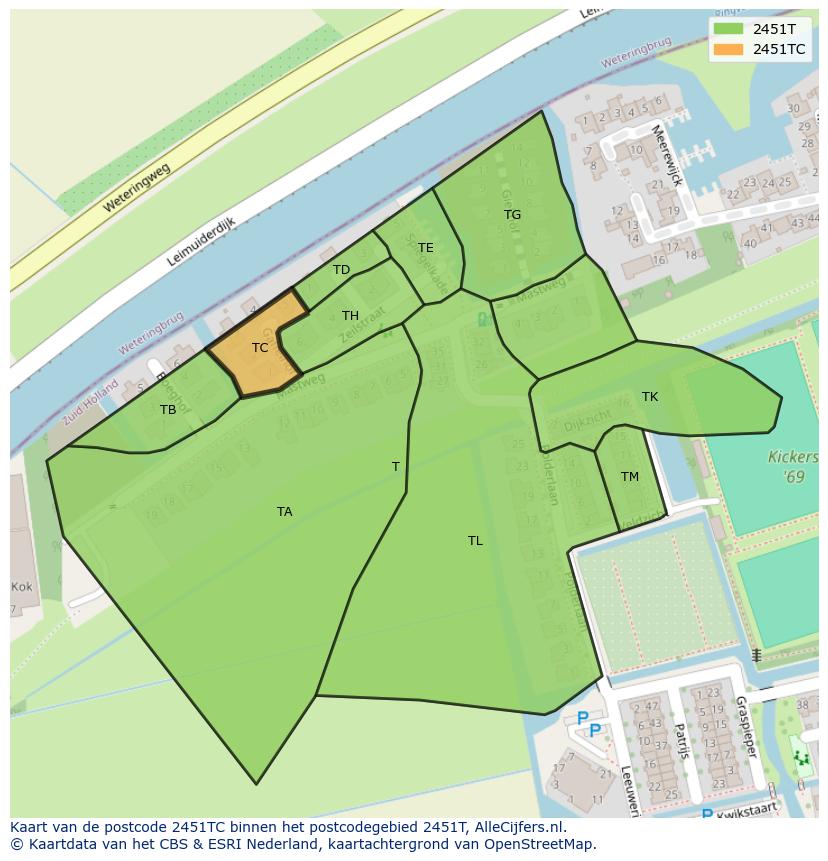 Afbeelding van het postcodegebied 2451 TC op de kaart.