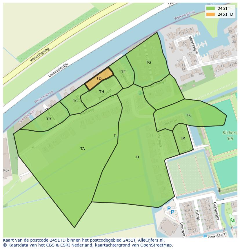 Afbeelding van het postcodegebied 2451 TD op de kaart.