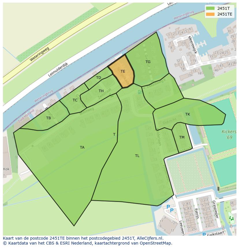 Afbeelding van het postcodegebied 2451 TE op de kaart.