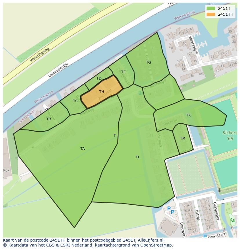Afbeelding van het postcodegebied 2451 TH op de kaart.
