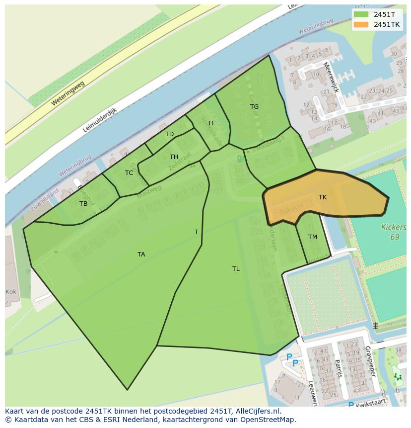 Afbeelding van het postcodegebied 2451 TK op de kaart.