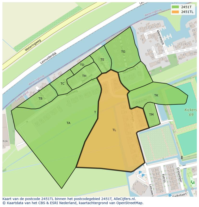 Afbeelding van het postcodegebied 2451 TL op de kaart.