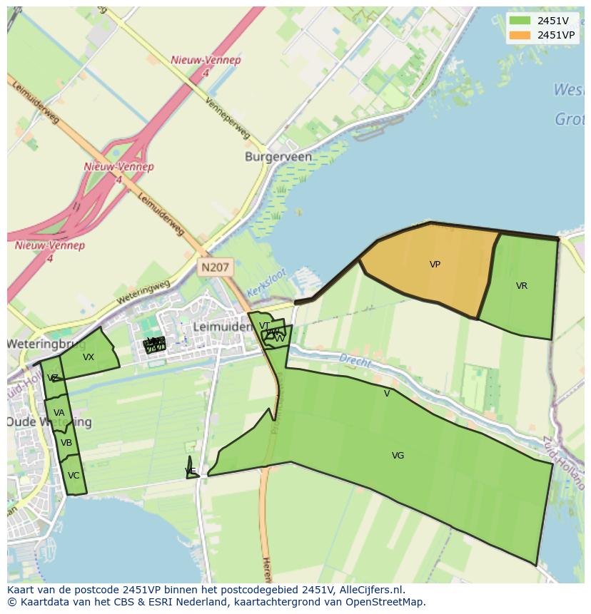 Afbeelding van het postcodegebied 2451 VP op de kaart.
