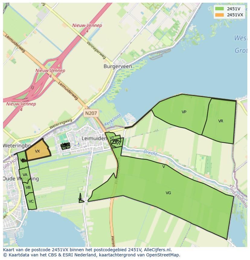 Afbeelding van het postcodegebied 2451 VX op de kaart.