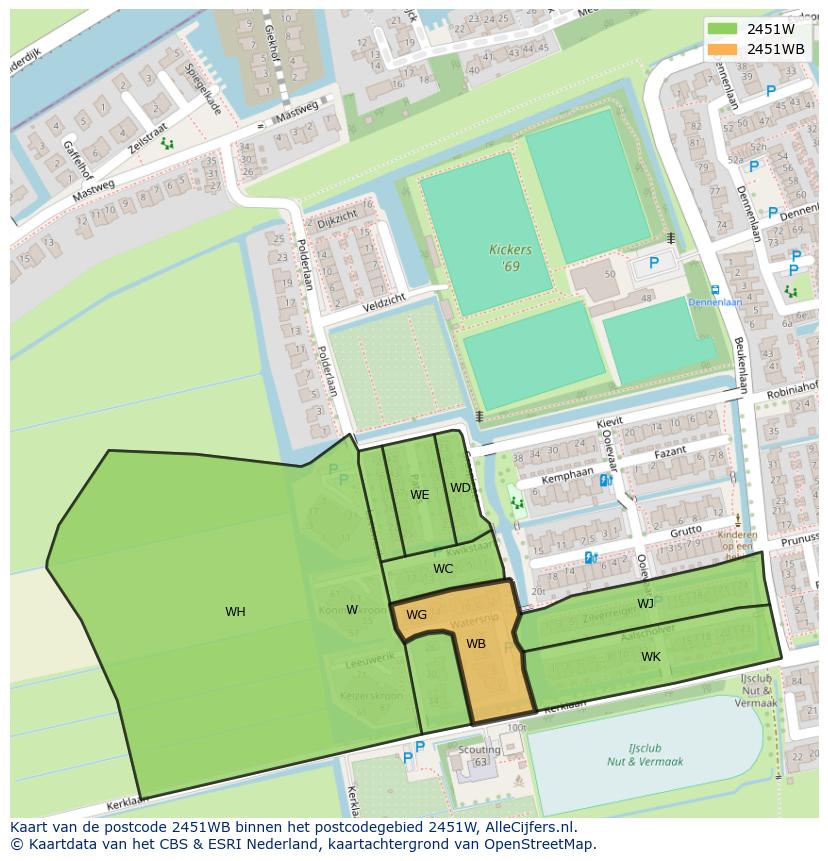 Afbeelding van het postcodegebied 2451 WB op de kaart.