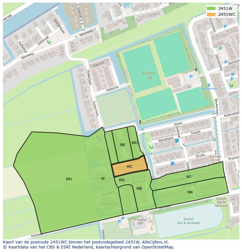 Afbeelding van het postcodegebied 2451 WC op de kaart.