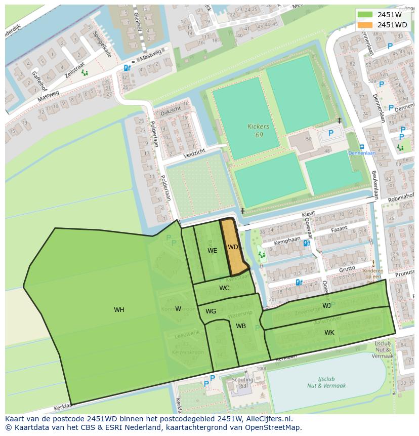 Afbeelding van het postcodegebied 2451 WD op de kaart.