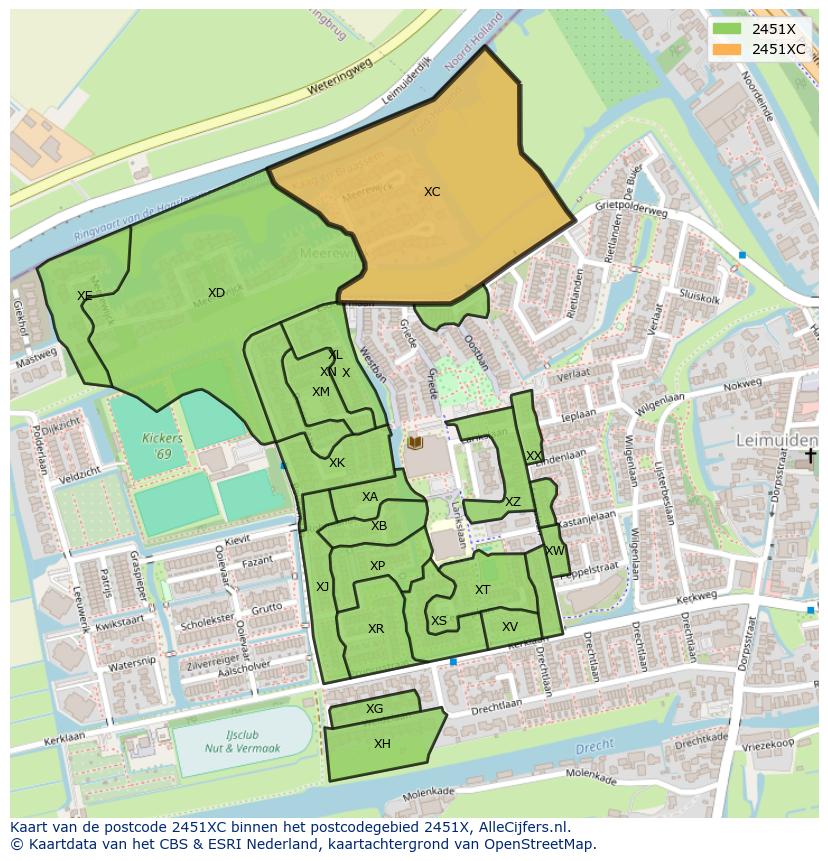 Afbeelding van het postcodegebied 2451 XC op de kaart.
