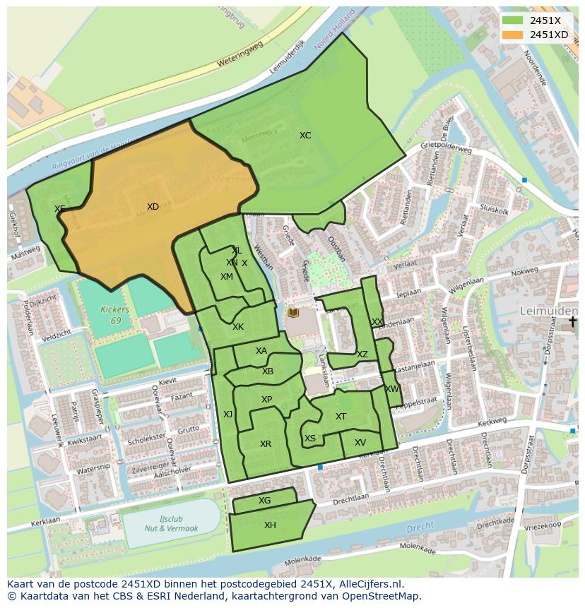 Afbeelding van het postcodegebied 2451 XD op de kaart.
