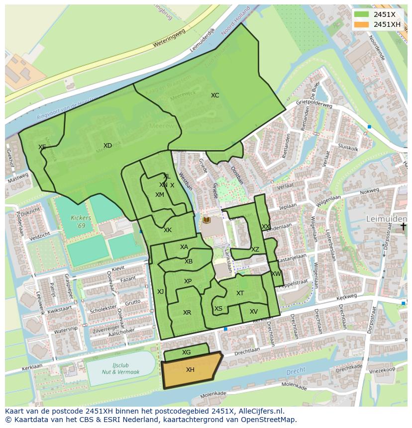 Afbeelding van het postcodegebied 2451 XH op de kaart.