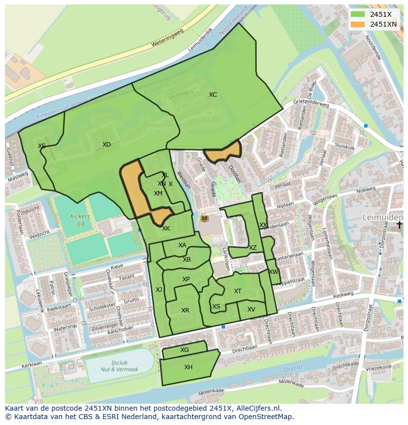 Afbeelding van het postcodegebied 2451 XN op de kaart.