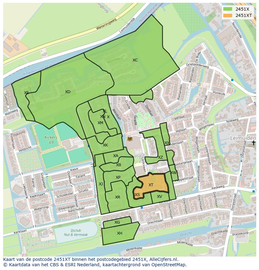 Afbeelding van het postcodegebied 2451 XT op de kaart.