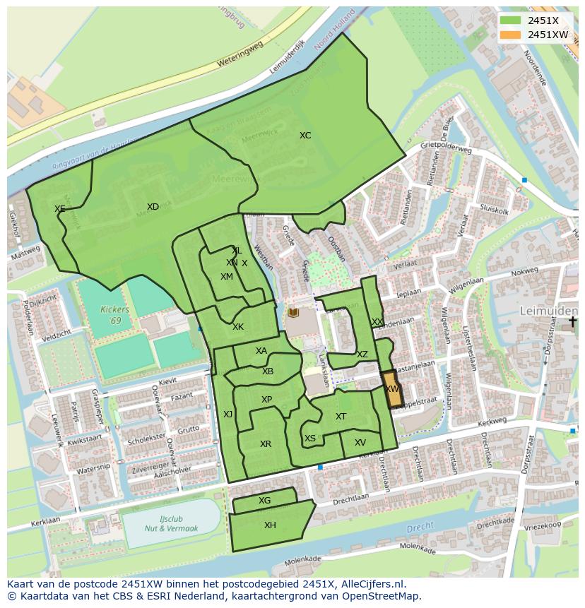 Afbeelding van het postcodegebied 2451 XW op de kaart.